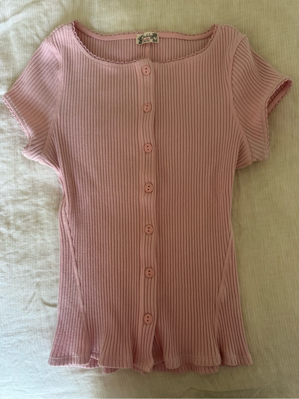 Free People Pink Ribbed Button-Front Short Sleeve Top